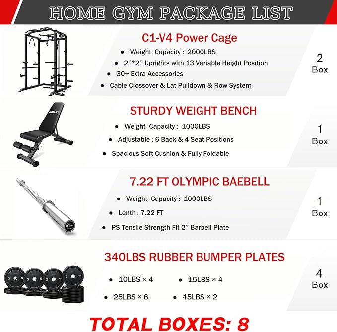 C1-V4 Power Cage, 2000LBS Squat Rack with LAT Pulldown, Multi-Function Weight Cage Strength Training Machine, Workout Cage with More Attachments for Home Gym Garage