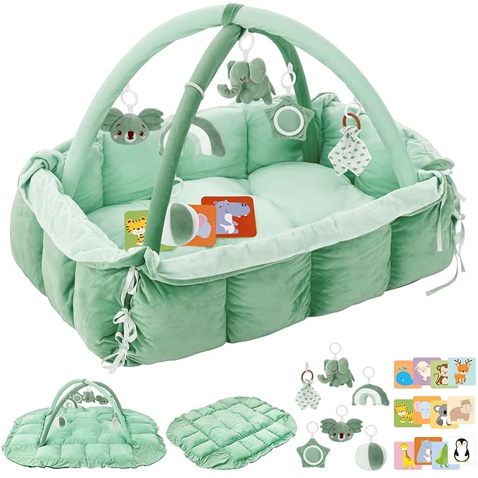5-in-1 Plush Baby Play Gym, Baby Play Mats, Convertible Baby Gym, Tummy time mat, 6 Sensory Toys, Activity Center, Ball Pit, Sage Green