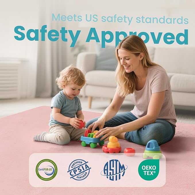 Huloo Sleep Baby Play Mat for Floor,1.3" Thick Elasti-Foam 50"×50" Playpen Mat for Tummy Time,Water Repellent Soft Coral Velvet for Toddler,Infant,Kids,Non-Slip Backing Safe for Crawling(Pink)