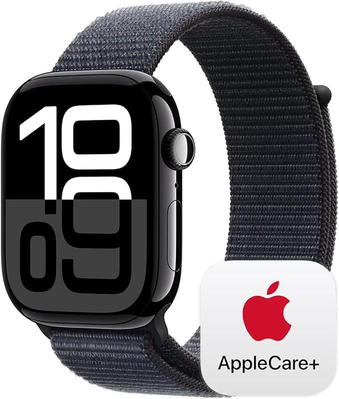 Apple Watch Series 10 [GPS 46mm] with Jet Black Aluminium Case with Ink Sport Loop. Fitness Tracker, ECG App, Always-On Retina Display, Carbon Neutral with AppleCare+ (2-years)