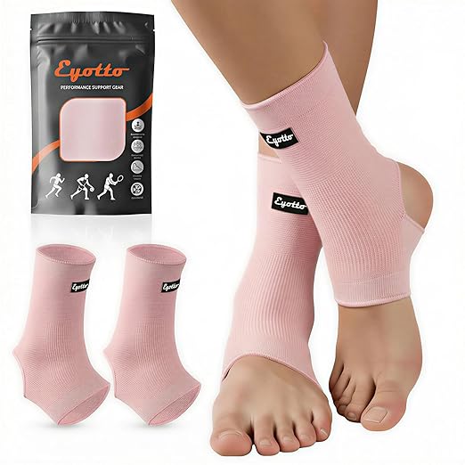 eYotto Open-Heel Ankle Sleeves (5 Pair), Breathable Foot & Ankle Compression Support for Swelling, Plantar Fasciitis & Sprain Relief for Men & Women(Pink)