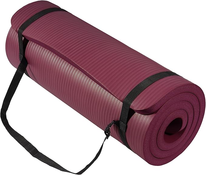 Signature Fitness 71x24 Inches Extra Thick Yoga Mat 1-Inch High-Density Foam – Roll-Up Exercise Pad with Double-Sided Non-Slip Surface and Carrying Strap for Pilates and Home Workouts, Multiple Colors