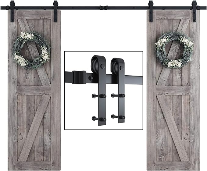 SMARTSTANDARD 9 FT Double Barn Door Hardware Kit, Sliding Door Track-Smoothly and Quietly -Includes Detailed Installation Fit 27" Wide Doorpanel (J Shape Hanger) Black