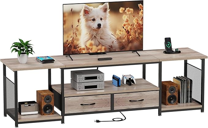 TV Stand with Drawers and Power Outlets for 75 70 65 Inch TV, Entertainment Center with Open Storage Shelves, Media Industrial TV Console Table for Living Room Bedroom Office, Greige