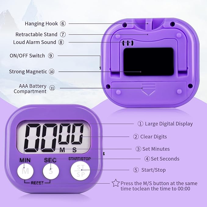4 Pack Purple Digital Kitchen Timer Magnetic Digital Timer with Big Display Loud Ring Cooking Timers for Cooking, Game, Gym, Break Time, Classroom (4, Pruple)