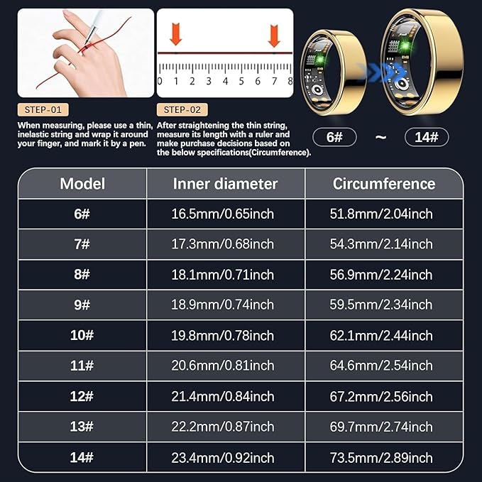 SEEVEN Smart Ring for Women Men, Fit Ring with Heart Rate, Blood Oxygen, HRV, Sleep Monitor, Stress, Step Counter, IP68 Waterproof Fitness Rings for iPhone & Android, No Subscription Fee (Gold, 11#)