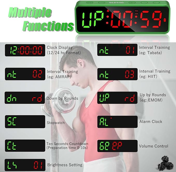Small Gym Timer Clock Stopwatch Magnetic Workout Interval Timer, Large LED Digital Display, Home Accessories Countdown Clock for Home Gym Garage Schools (Matte Green)