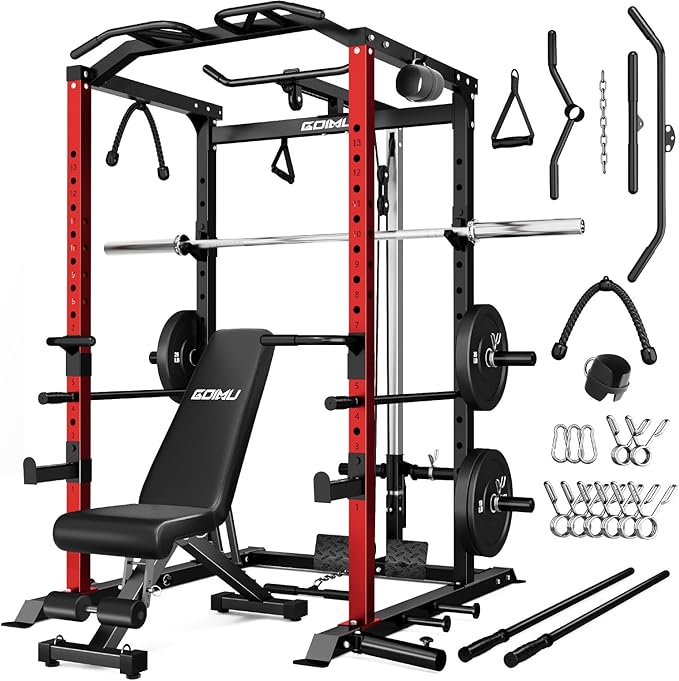 C1-V4 Power Cage, 2000LBS Squat Rack with LAT Pulldown, Multi-Function Weight Cage Strength Training Machine, Workout Cage with More Attachments for Home Gym Garage