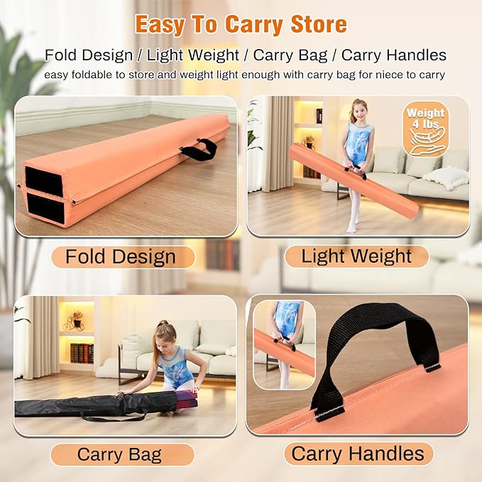 MARFULA 6 FT / 8 FT / 9 FT Folding Gymnastics Beam Foam Balance Floor Beam - Extra Firm - Suede Cover - Anti Slip Bottom with Carry Bag for Kids/Adults Home Use