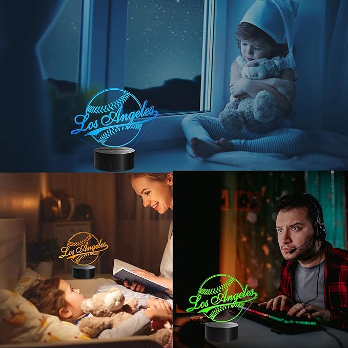 Baseball Los Angeles Night Light, LA Baseball Sport Gifts for Boy, 3D Illusion Lamp with Remote Control, 16 Colors Changing, RGB Flashing Mode and Dimmable, Gifts for Boys Christmas Decor