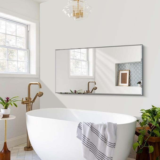 24x48 Large Beveled Mirror, Frameless Beveled Bathroom Mirrors for Over Sink, Upgraded Shatterproof Beveled Vanity Mirror for Bathroom,Bedroom,Living Room and Entryway