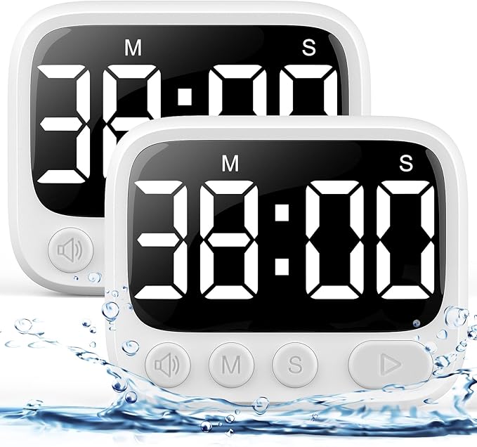 HAUKINIX Shower Timer Waterproof Bathroom Toilet Timer Digital Kitchen for Wall Mount, Study w/Foldable Stand, Countdown Stopwatch w/Suction Cup for Swim, Rechargeable, 2 Pack White
