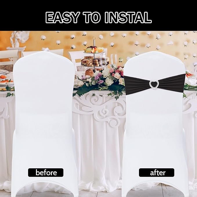 Howhic Pack of 60 Spandex Chair Sashes Bows Stretch Chair Cover Band with Buckle Slider Universal Elastic Chair Ties for Wedding Banquet Party Event Decoration (Black)