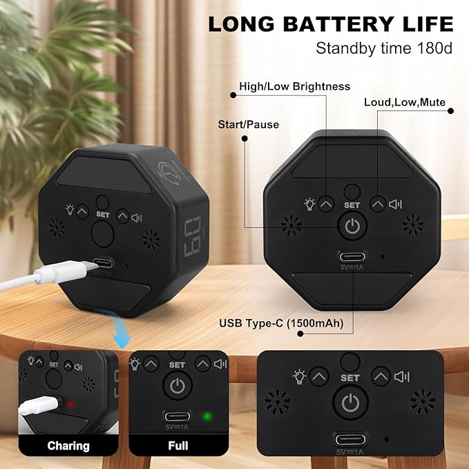 Small Productivity Timer - Pomodoro Timer with 3/5/10/25/60 Min Presets & Custom Countdown | Magnetic Rechargeable Digital Clock for Desk, Study and Games (Black)