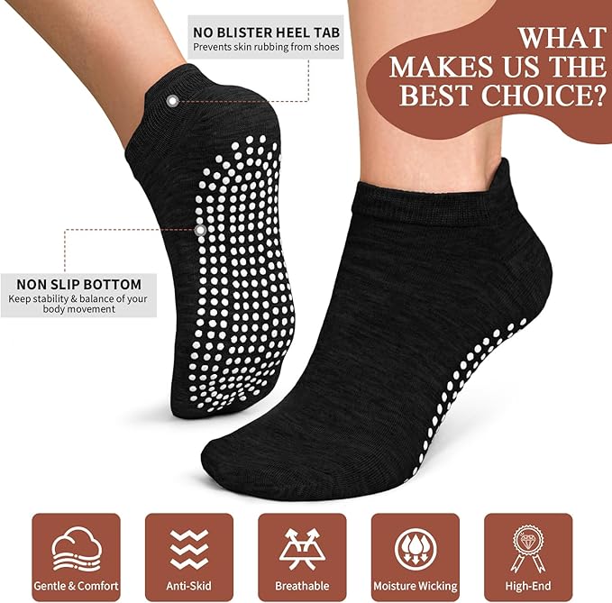 yeuG Pilates Socks for Women Non Slip Grip Socks for Yoga, Barre, Hospital, Barefoot Grippy Yoga Sock Womens Gifts 4 Pairs