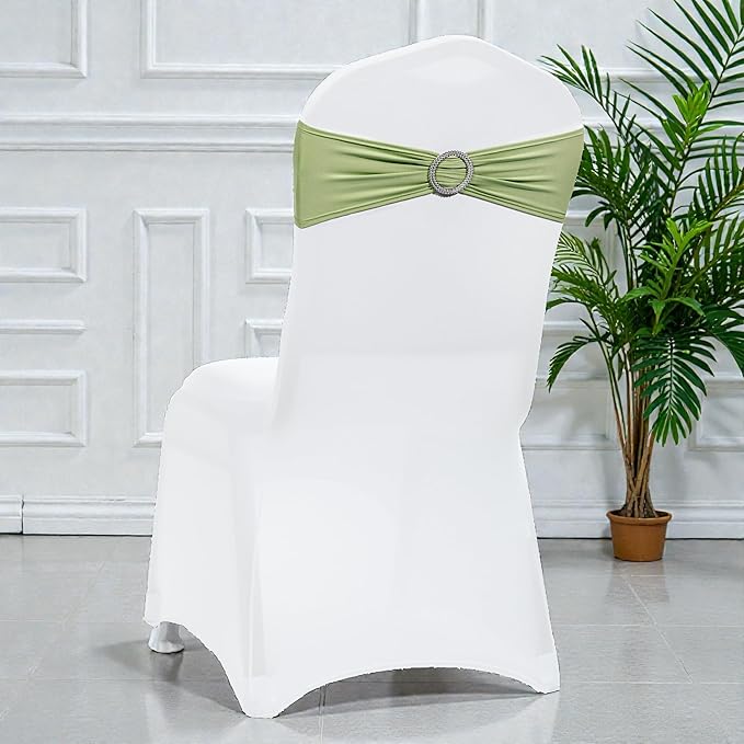 VDS - Sage Green | Spandex Chair Sashes Bows | 200 PCS | Stretch Elastic Banquet Universal Folding Chair Band Tie with Silver Buckle Slider for Wedding Party Conference Celebration Event Decoration