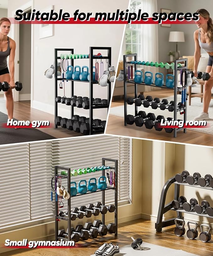 Adjustable Dumbbell Rack, Weight Storage Stand Holder for Dumbbells & Kettlebells, Heavy-Duty Metal Home Gym Workout Organizer with Hook for Gym Equipment Accessories (Rack Only)