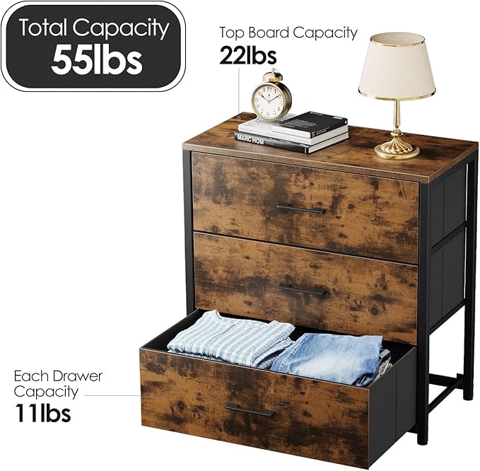 Nightstand, End Table, Bedside Table, Small Tall Dresser for Bedroom with 3 Storage Drawer, Chest of Drawers Fabric Dressers with Steel Frame, Wooden Top & Front for Living Room