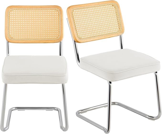 VEVOR Rattan Chairs Set of 2, Mid Century Modern Dining Chair, Upholstered Velvet Accent Chair with Rattan Back, Retro Kitchen Chair for Living Room, Bedroom (18.1 Inch)