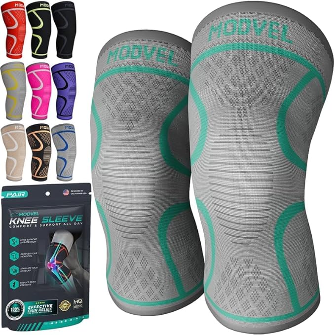 Modvel Compression Knee Brace for Women & Men - 2 Pack Knee Brace for Women Running Knee Pain, Knee Support Sleeve, Workout Sports Braces for Meniscus Tear ACL & Arthritis Pain Relief Grey/Turquoise Medium