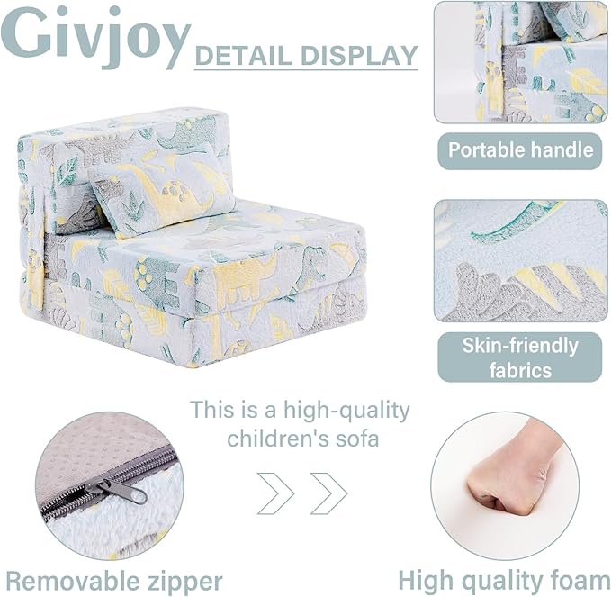 Folding Sofa Bed Floor Mattress for Kids With Pillow, Toddler Glow Washable Nap Mat for Sleeping, Child Fold Up Futon Chair Bed With Storage Bag for Girls Boys