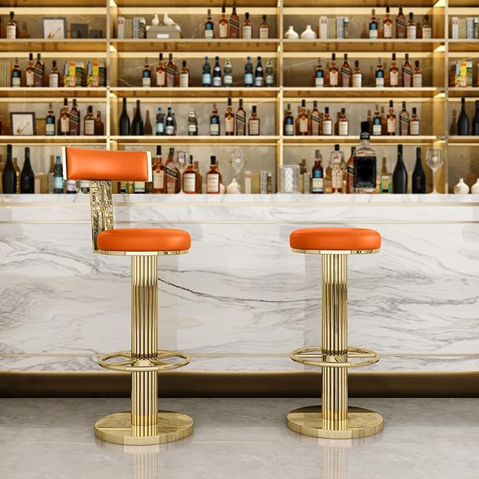 FUNROLUX Counter Height Bar Stools with Back, Modern Adjustable Height Barstools Swivel Bar Chair with Polished Gold Stainless Steel Legs for Kitchen Island Counter Living Room Coffee Shop (Orange)