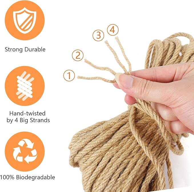 DEDU Sisal Rope 1/4 Inch X 600 FT, Natural Hemp Rope Twine, Twisted 4 Strand Multipurpose for Cat Scratcher, Docks, DIY Projects