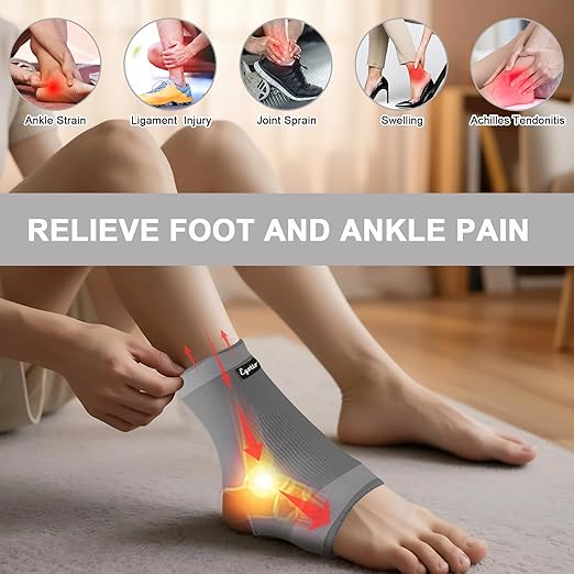 eYotto Open-Heel Ankle Sleeves (2 Pair), Breathable Foot & Ankle Compression Support for Swelling, Plantar Fasciitis & Sprain Relief for Men & Women(Gray)