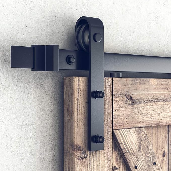SMARTSTANDARD 8 FT Double Barn Door Hardware Kit, Sliding Door Track-Smoothly and Quietly -Includes Detailed Installation Fit 24" Wide Doorpanel (J Shape Hanger) Black