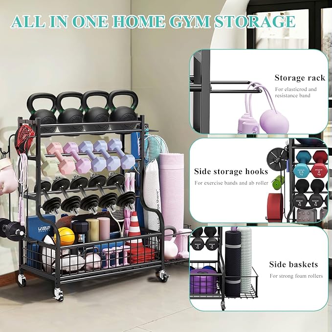 Dumbbell Rack, Weight Rack for Kettlebells, Storage Holder for Yoga and Workout Equipment, Home Gym Storage Rack with Wheels,Hooks and Mesh Top