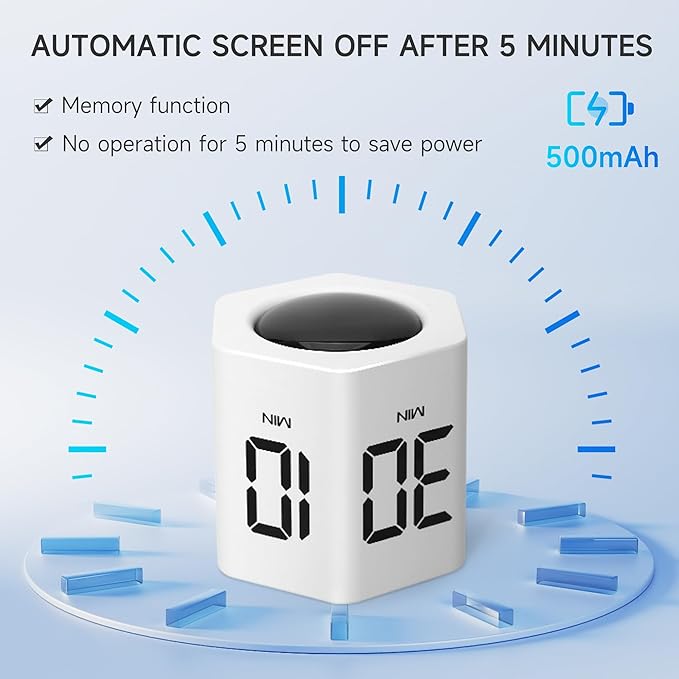 Productivity Timer 1, 5, 10, 30, 60 Minutes Preset, Desk Cube Timer with Gravity Sensor/Mute/Vibration for ADHD, Work, Study, Kitchen, Back to School (White)