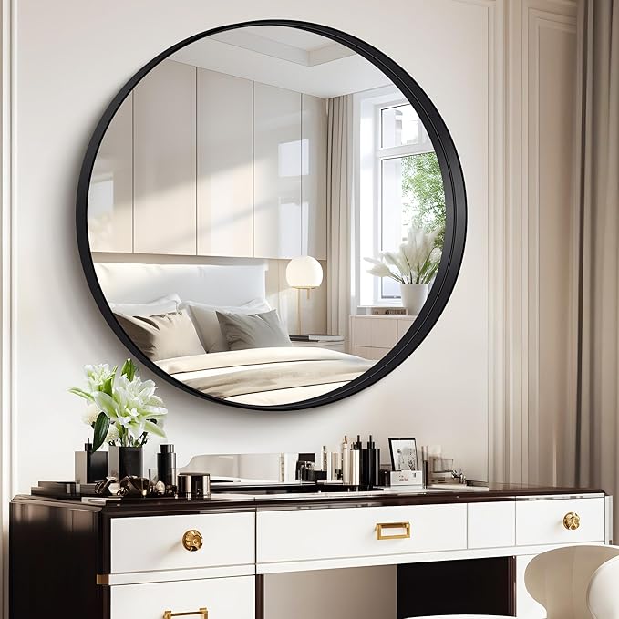 Black Round Mirror 36 inch Deep Frame Circle Mirror, Metal Framed Bathroom Mirror, Round Vanity Mirror, Circle Mirrors for Wall Entryway Bedroom Living Room Hallway