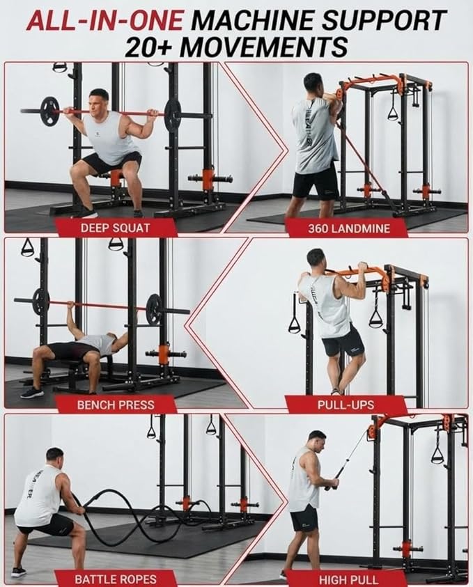 Power Cage with LAT Pulldown & Cable Crossover System, 2000LBS Multi-Functional Power Rack, All-in-1 Weight Cage Home Gym with Adjustable Pulley System, Squat Rack for Garage, Home