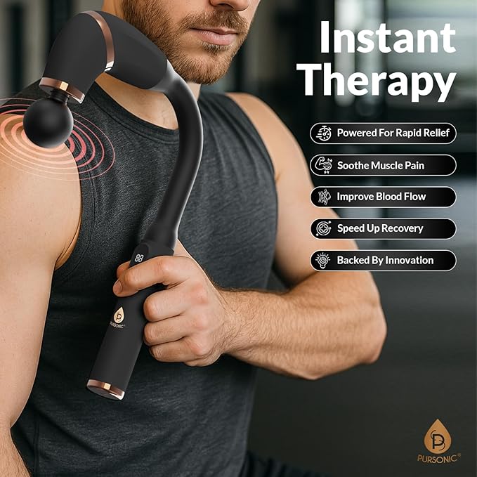 Pursonic Deep Tissue Massage Gun with U-Shaped Design & Long Handle – Handheld Back Massager with 4 Heads, 6 Speeds, USB-C Rechargeable for Neck, Shoulders, Legs & Muscles
