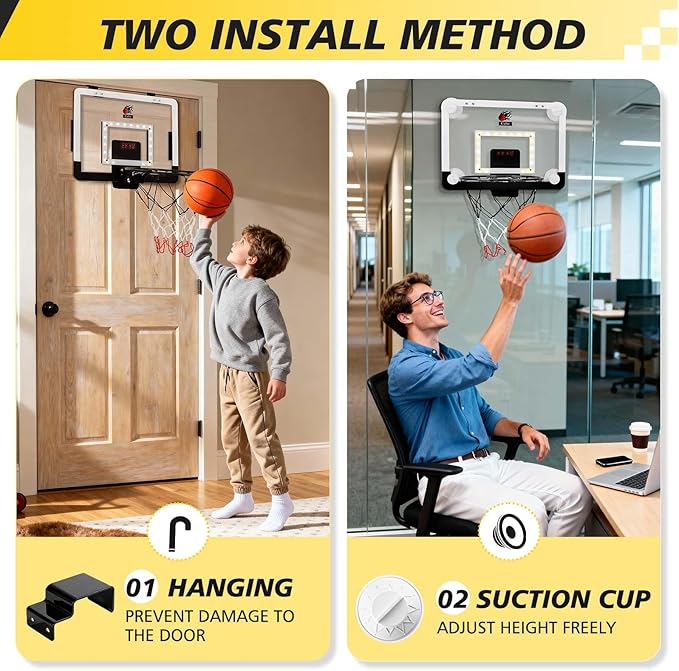 CYFIE LED Basketball Hoop, Suction Cup/Over The Door Basketball Hoop with Sturdy Backboard/Electronic Scoreboard, Sound, 3 Balls, Mini Indoor Basketball Toy Gifts for Kids Teens Boys Girls Youth