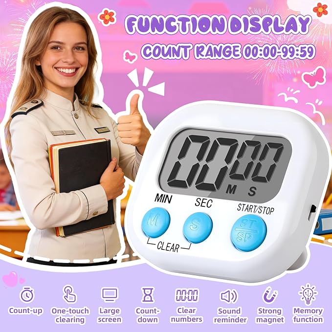 24 Pcs Multi-Function Electronic Timer Small Digital Kitchen Timer Digital Timer with Stickers Magnetic Back for Cooking Classroom Study Gym with Countdown/Up Mode,White