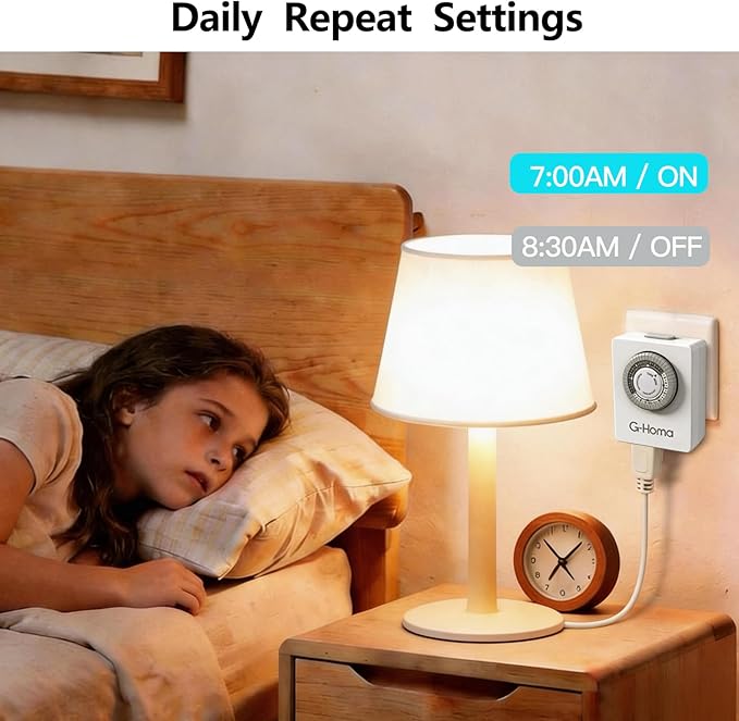 G-Homa 24-Hour Mechanical Timer Outlet 2 Pack, Dual Grounded 3-Prong Outlets, 30-Minute Intervals, Slim Space-Saving Design, Indoor Use for Lamps, Christmas Lights, Small Appliances & Holiday Decor