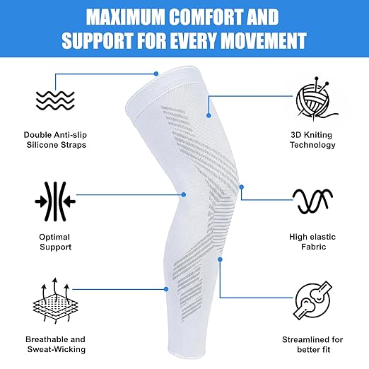 NuCamper Full Leg Compression Sleeves for Men and Women,2 Pack Legs Sleeves Long Knee Brace Support for Running, Basketball, Cycling, Workout, Sports - White,2XL
