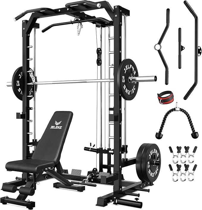JELENS SR01 Smith Machine, 2000LBS Multi-Function Power Cage with LAT Pulldown System, All-in-One Home Gym Squat Rack with Smith Bar and Training Attachments for Full Body Workouts