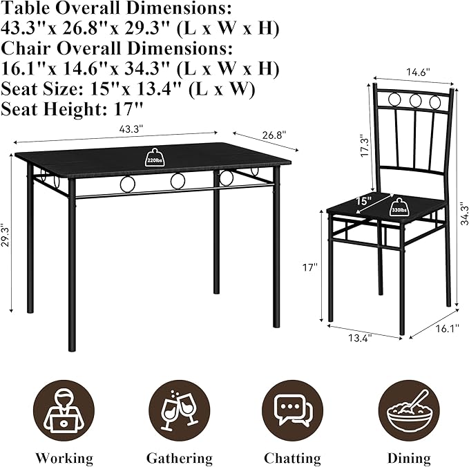5 Piece Dining Table Set, Modern Metal&Wood Kitchen Dinner Table with 4 Chairs, Dining Room Table Sets for Small Spaces, Black