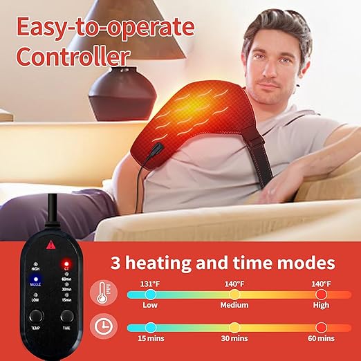 Shoulder Heating Pad, Heating Pad for Shoulder, with 3 Heat and Time Settings, Heated Wrap for Rotator Cuff Pain Frozen Pain Relief with AC Adapter