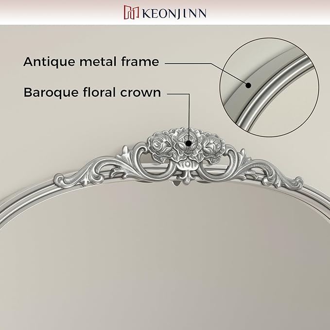 Keonjinn Vintage Mirror for Wall, 40" x 30" Silver Mirror with Metal Frame, Ornate Arched Decoration, Brass Mirror for Mantle, Living Room, French Cleat Mounting