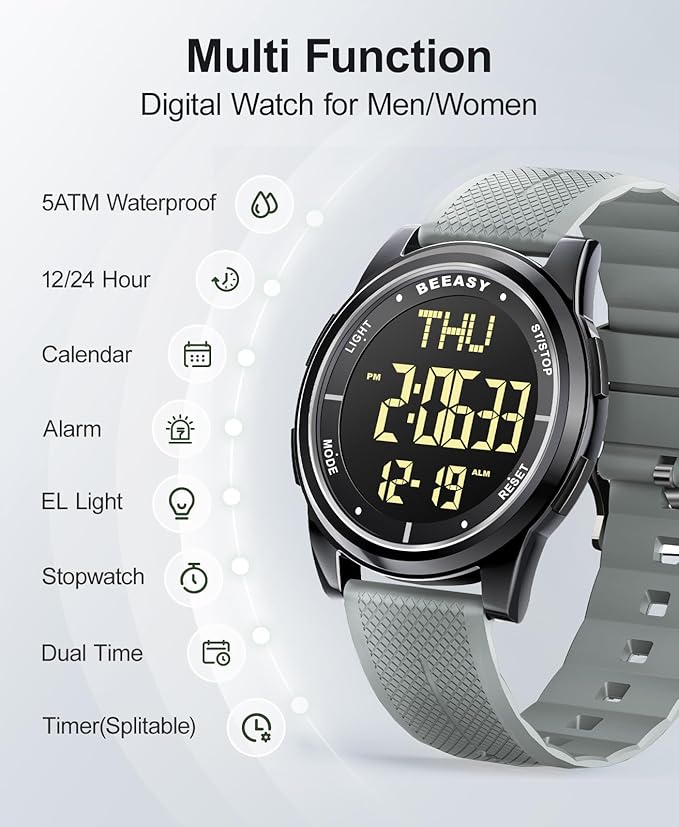 Beeasy Digital Watch for Men Women, 50M Waterproof, Ultra-Thin & Lightweight, 44mm Silicone Sports Watch with Alarm, Stopwatch, Countdown, Ideal for Gym, Running, School, Daily Wear