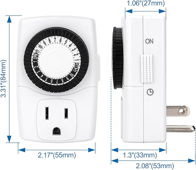 Baomain 2-Pack Indoor Mini 24-Hour Mechanical Outlet Timer, 15A 125VAC ON/Off Single Outlet,3-Prong Plug Timer BND-60/U47,ETL Listed