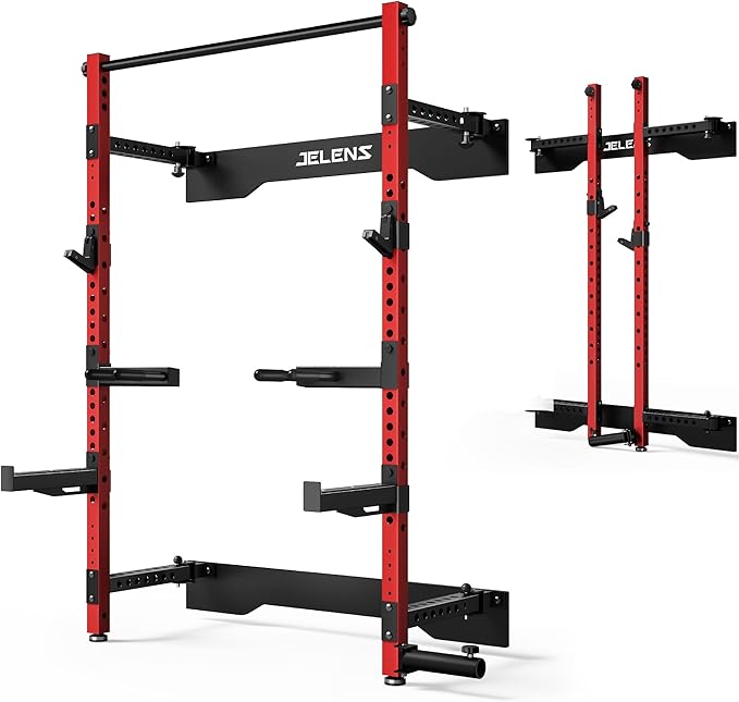 JELENS SF01 Folding Squat Rack, Wall Mounted Power Rack for Home Gym, Space Saving Multi-Functional Power Cage with More Attachments