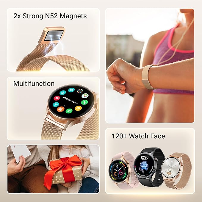 Fitpolo Smart Watch for Women,1.3" AMOLED Touchscreen Fitness Tracker, Make/Answer Calls, Heart Rate SpO2 Monitor,IP68 Waterproof,Sleep Activity Tracking Smartwatch for Android Phones iPhone (Gold)