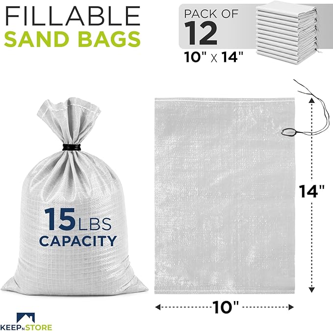 Heavy Duty Sand Bags Pack of 12, White Empty Sandbags with Built-In Ties, Woven Polypropylene UV Protection 1600 Hours, Fillable Bags for Flood Control, Weight, 10x14 inches, 15 Pounds Volume