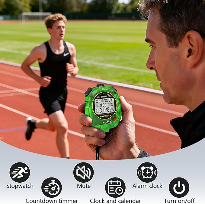 Stopwatch Timer 10 Splits/Laps Digital Stop Watch for Sports, Countdown Alarm Clock Date Memory Recall Large Display, Stopwatch for Coaches PE-Teacher Referee, Green