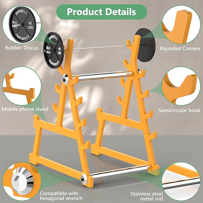 Metal Squat Rack Pen Holder with 8 Slots Mini Metal Barbell & Plastic Weight Blocks Holder Mini Barbell Desk Toy Funny Office Decor for Men Women Cool Pen Holder Gifts for Men (Yellow)