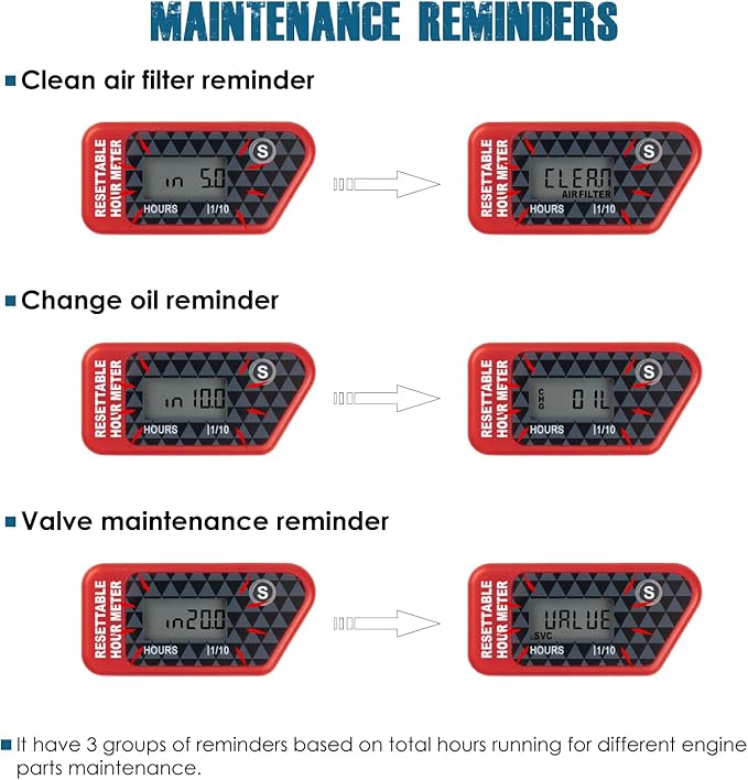 Runleader Digital Maintenance Hour Meter, Resettable Job Timer,SVC Intervals Reminder for Lawn Mower Generator Marine ATV Outboards Motor Snowblower Compressor and Gas Powered Device (RED)